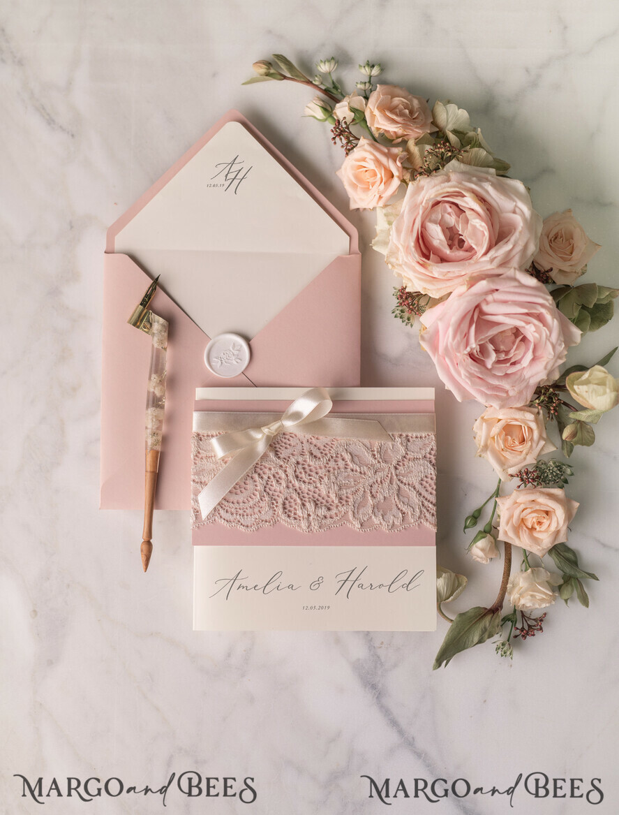 WEDDING INVITATIONS vintage lace/ rustic lace Vintage Lace Ivory Wedding Invitations Elegant Invites Ivory Ribbon and Bow with Blush