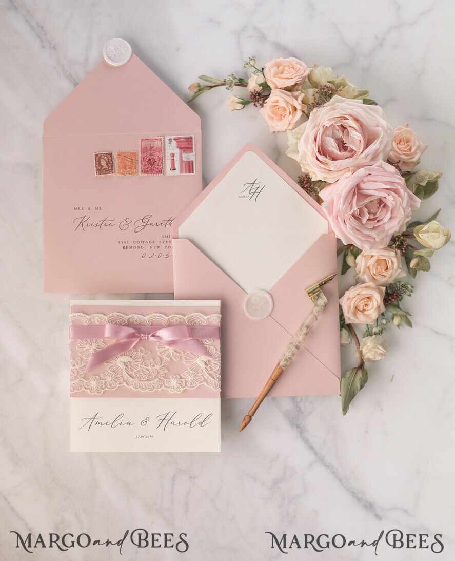 WEDDING INVITATIONS vintage lace/ rustic lace Bespoke wedding invitation elegant chic invites