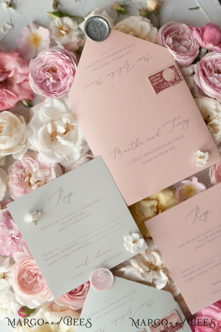 WEDDING INVITATIONS vintage lace/ rustic lace Romantic Wedding Stationery Vintage Lace Presonalized Invitation Light Grey and Blush Pink