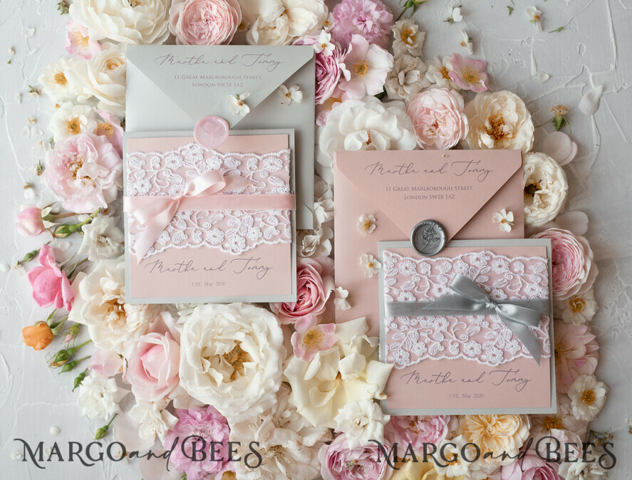 WEDDING INVITATIONS vintage lace/ rustic lace Romantic Wedding Stationery Vintage Lace Presonalized Invitation Light Grey and Blush Pink