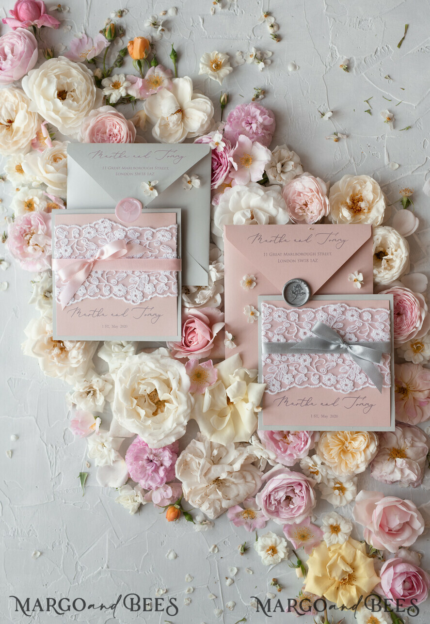 WEDDING INVITATIONS vintage lace/ rustic lace Romantic Wedding Stationery Vintage Lace Presonalized Invitation Light Grey and Blush Pink