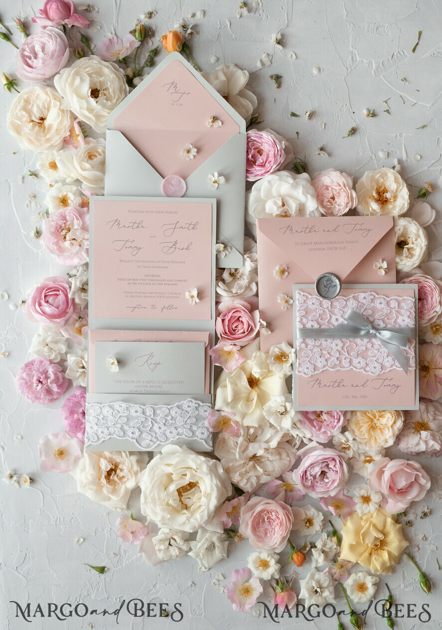 WEDDING INVITATIONS vintage lace/ rustic lace Romantic Wedding Stationery Vintage Lace Presonalized Invitation Light Grey and Blush Pink