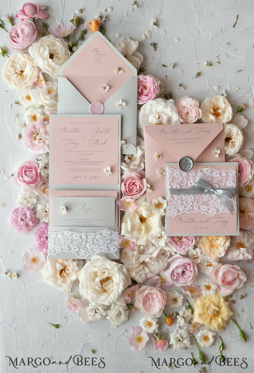 WEDDING INVITATIONS vintage lace/ rustic lace Romantic Wedding Stationery Vintage Lace Presonalized Invitation Light Grey and Blush Pink
