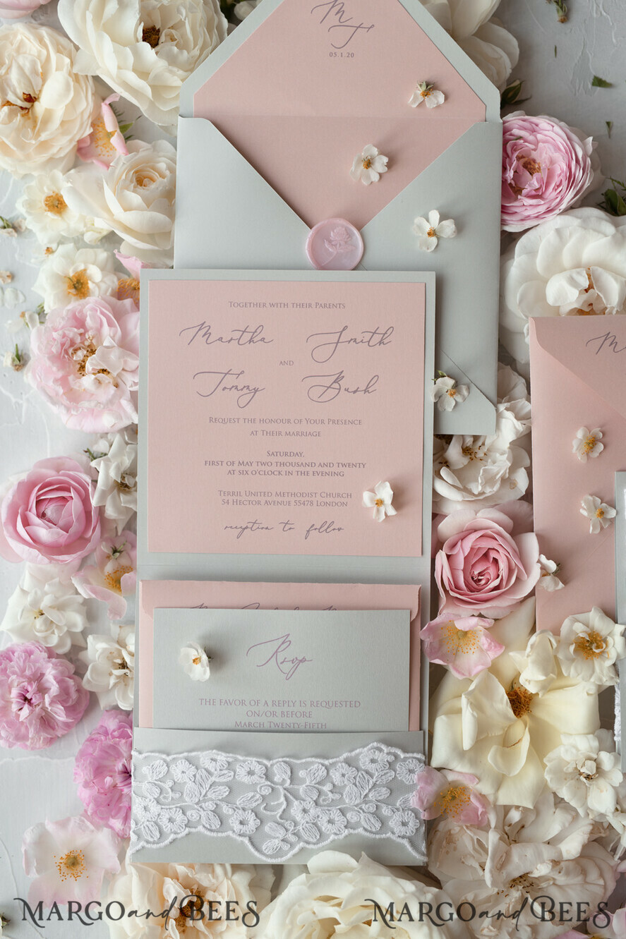 WEDDING INVITATIONS vintage lace/ rustic lace Romantic Wedding Stationery Vintage Lace Presonalized Invitation Light Grey and Blush Pink