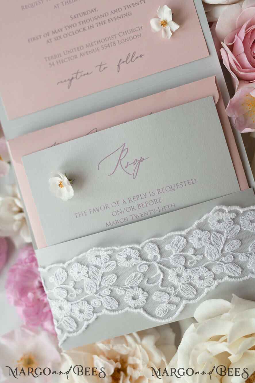 WEDDING INVITATIONS vintage lace/ rustic lace Romantic Wedding Stationery Vintage Lace Presonalized Invitation Light Grey and Blush Pink