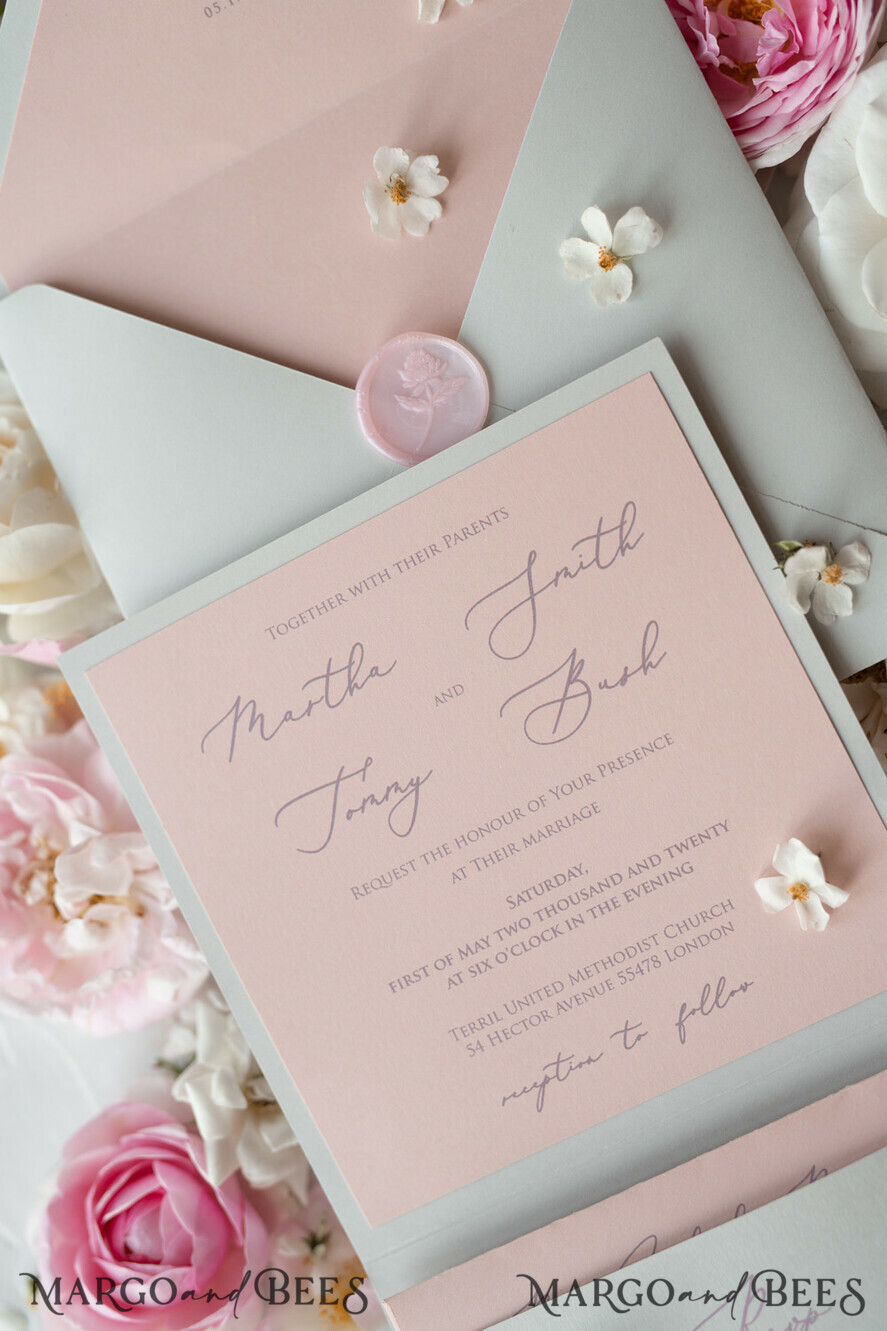 WEDDING INVITATIONS vintage lace/ rustic lace Romantic Wedding Stationery Vintage Lace Presonalized Invitation Light Grey and Blush Pink