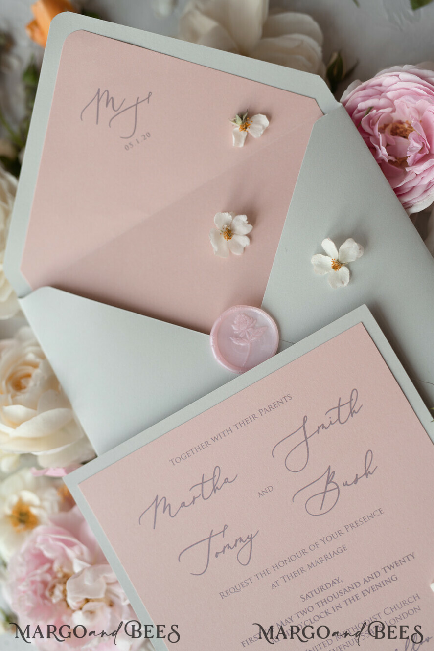 WEDDING INVITATIONS vintage lace/ rustic lace Romantic Wedding Stationery Vintage Lace Presonalized Invitation Light Grey and Blush Pink