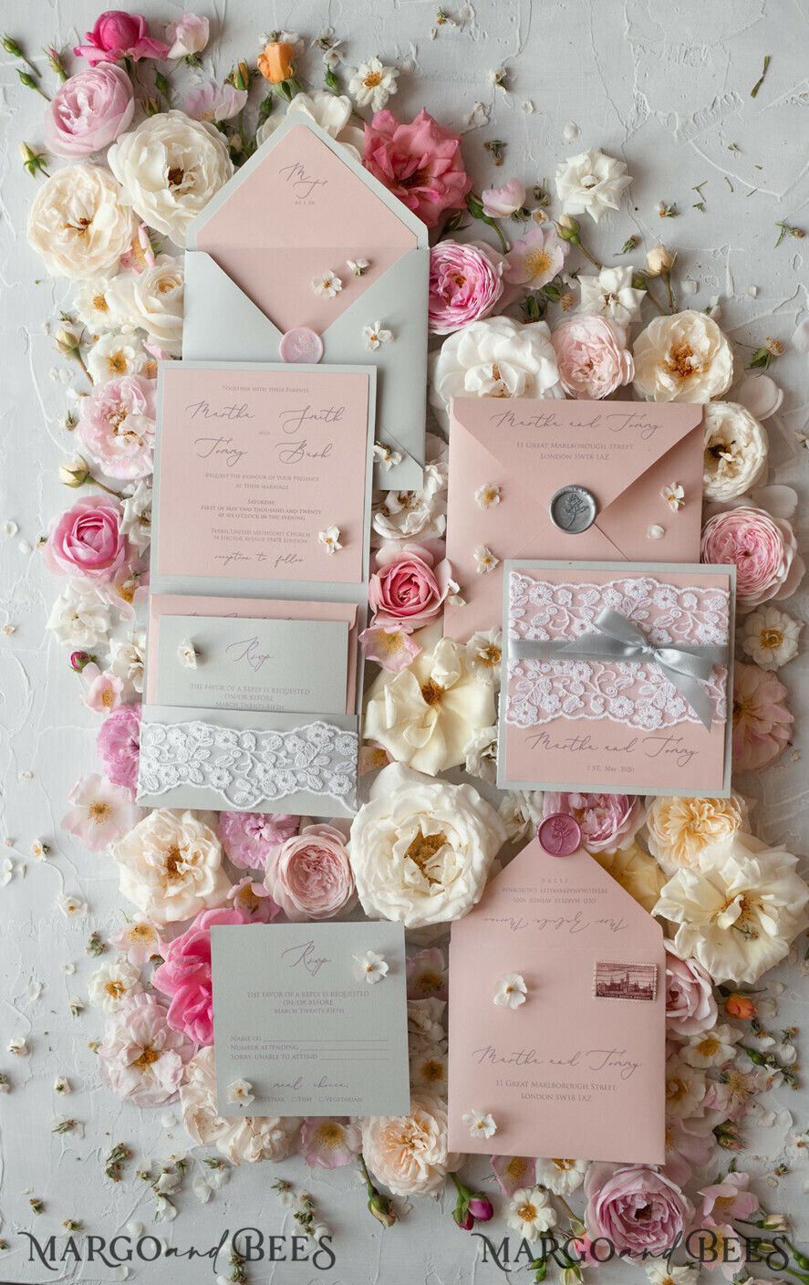 WEDDING INVITATIONS vintage lace/ rustic lace Romantic Wedding Stationery Vintage Lace Presonalized Invitation Light Grey and Blush Pink