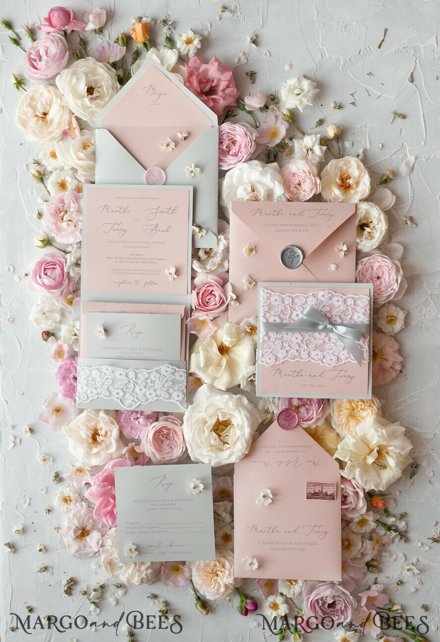 WEDDING INVITATIONS vintage lace/ rustic lace Romantic Wedding Stationery Vintage Lace Presonalized Invitation Light Grey and Blush Pink