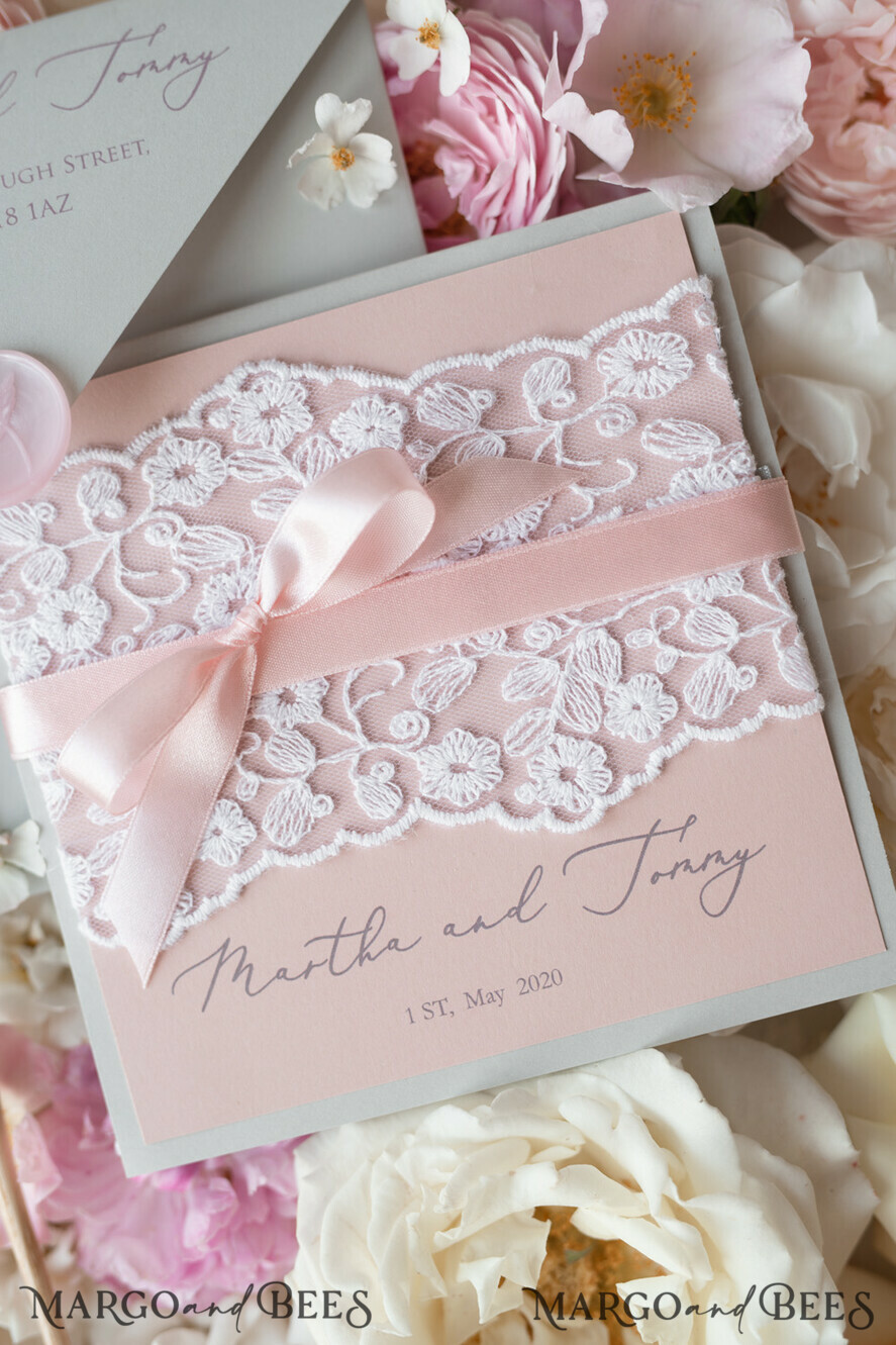 WEDDING INVITATIONS vintage lace/ rustic lace Romantic Wedding Stationery Vintage Lace Presonalized Invitation Light Grey and Blush Pink