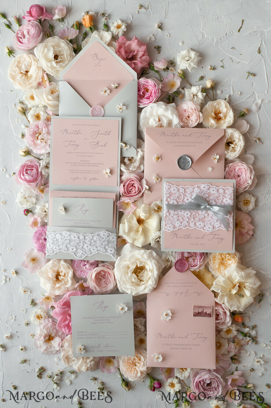 WEDDING INVITATIONS vintage lace/ rustic lace Romantic Wedding Stationery Vintage Lace Presonalized Invitation Light Grey and Blush Pink