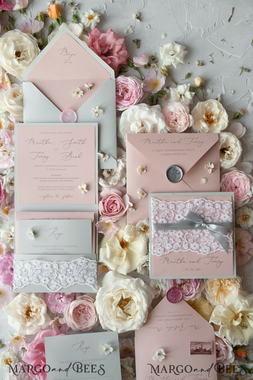 WEDDING INVITATIONS vintage lace/ rustic lace Romantic Wedding Stationery Vintage Lace Presonalized Invitation Light Grey and Blush Pink
