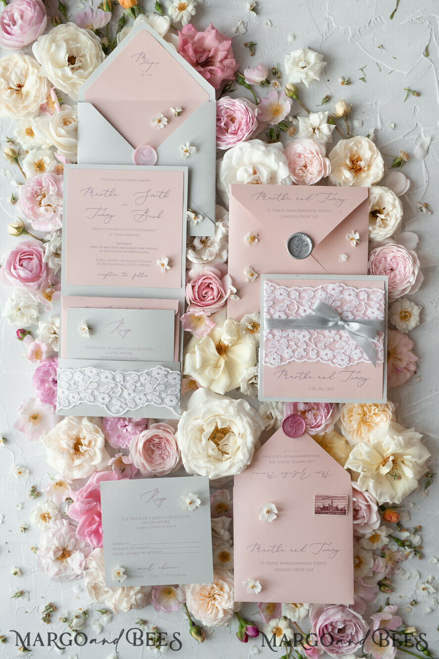WEDDING INVITATIONS vintage lace/ rustic lace Romantic Wedding Stationery Vintage Lace Presonalized Invitation Light Grey and Blush Pink