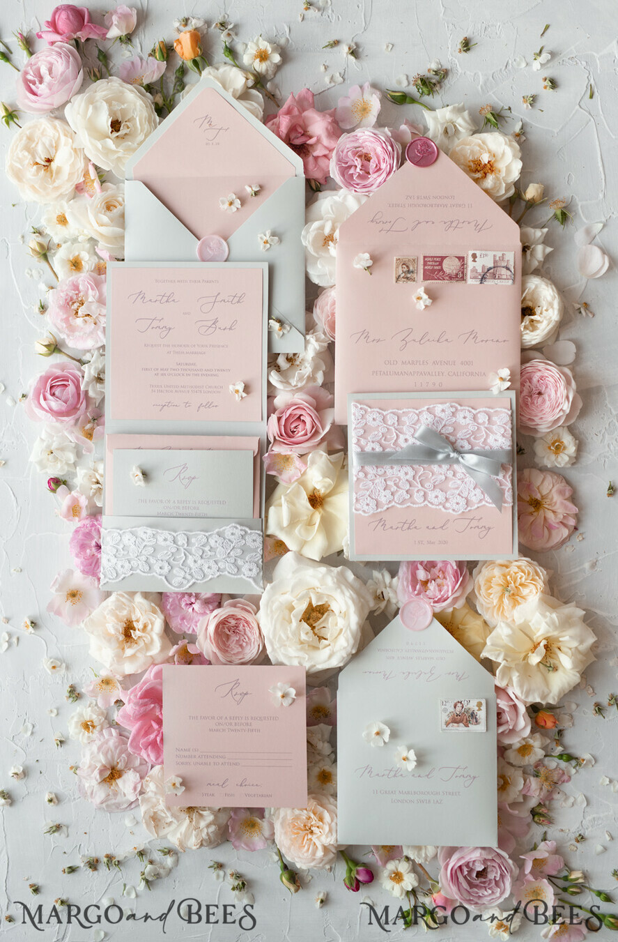 WEDDING INVITATIONS vintage lace/ rustic lace Romantic Wedding Stationery Vintage Lace Presonalized Invitation Light Grey and Blush Pink