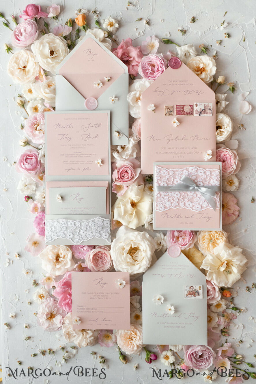 WEDDING INVITATIONS vintage lace/ rustic lace Romantic Wedding Stationery Vintage Lace Presonalized Invitation Light Grey and Blush Pink