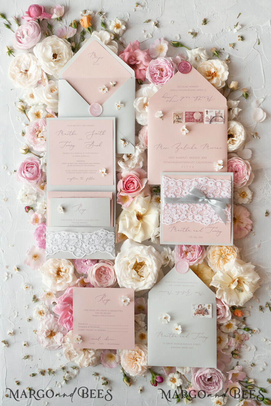 WEDDING INVITATIONS vintage lace/ rustic lace Romantic Wedding Stationery Vintage Lace Presonalized Invitation Light Grey and Blush Pink