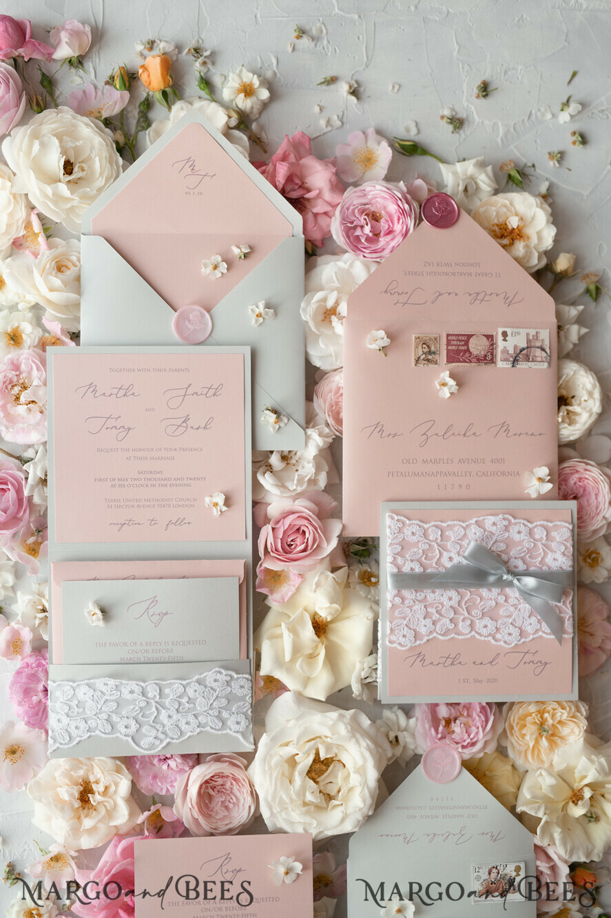 WEDDING INVITATIONS vintage lace/ rustic lace Romantic Wedding Stationery Vintage Lace Presonalized Invitation Light Grey and Blush Pink