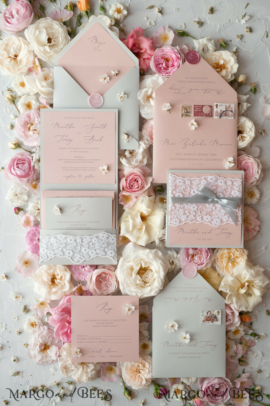 WEDDING INVITATIONS vintage lace/ rustic lace Romantic Wedding Stationery Vintage Lace Presonalized Invitation Light Grey and Blush Pink