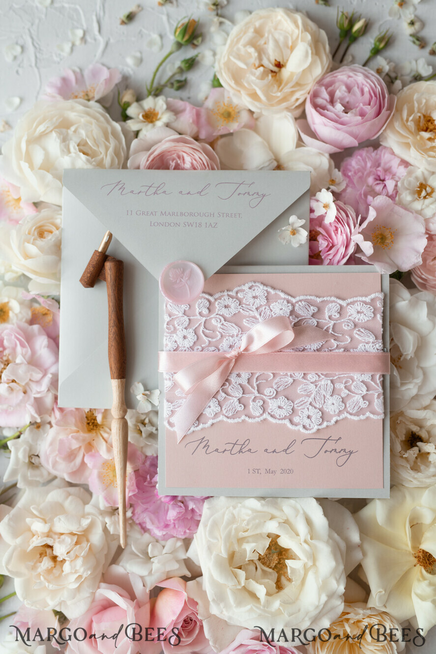 WEDDING INVITATIONS vintage lace/ rustic lace Romantic Wedding Stationery Vintage Lace Presonalized Invitation Light Grey and Blush Pink