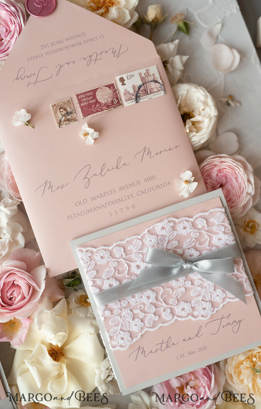 WEDDING INVITATIONS vintage lace/ rustic lace Romantic Wedding Stationery Vintage Lace Presonalized Invitation Light Grey and Blush Pink