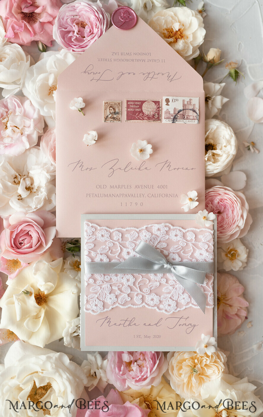 WEDDING INVITATIONS vintage lace/ rustic lace Romantic Wedding Stationery Vintage Lace Presonalized Invitation Light Grey and Blush Pink