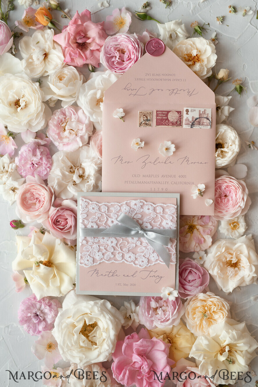 WEDDING INVITATIONS vintage lace/ rustic lace Romantic Wedding Stationery Vintage Lace Presonalized Invitation Light Grey and Blush Pink