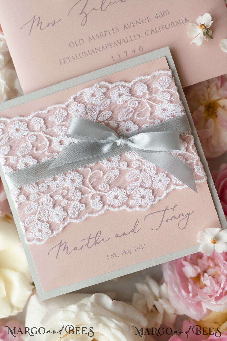 WEDDING INVITATIONS vintage lace/ rustic lace Romantic Wedding Stationery Vintage Lace Presonalized Invitation Light Grey and Blush Pink