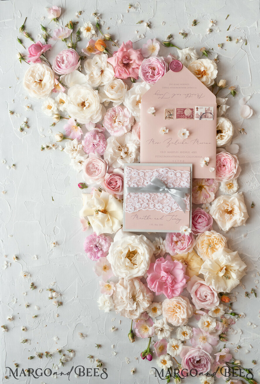WEDDING INVITATIONS vintage lace/ rustic lace Romantic Wedding Stationery Vintage Lace Presonalized Invitation Light Grey and Blush Pink