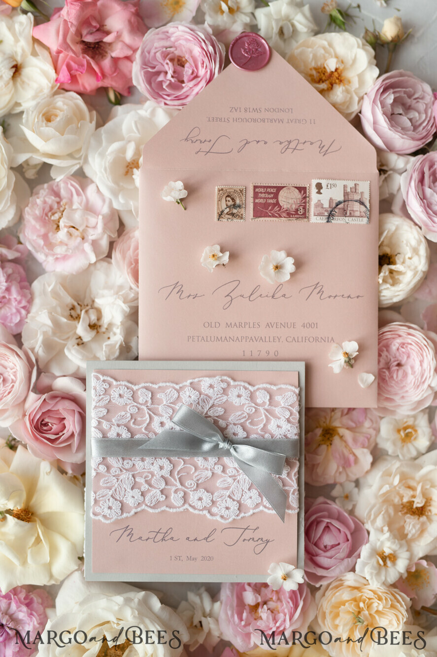WEDDING INVITATIONS vintage lace/ rustic lace Romantic Wedding Stationery Vintage Lace Presonalized Invitation Light Grey and Blush Pink