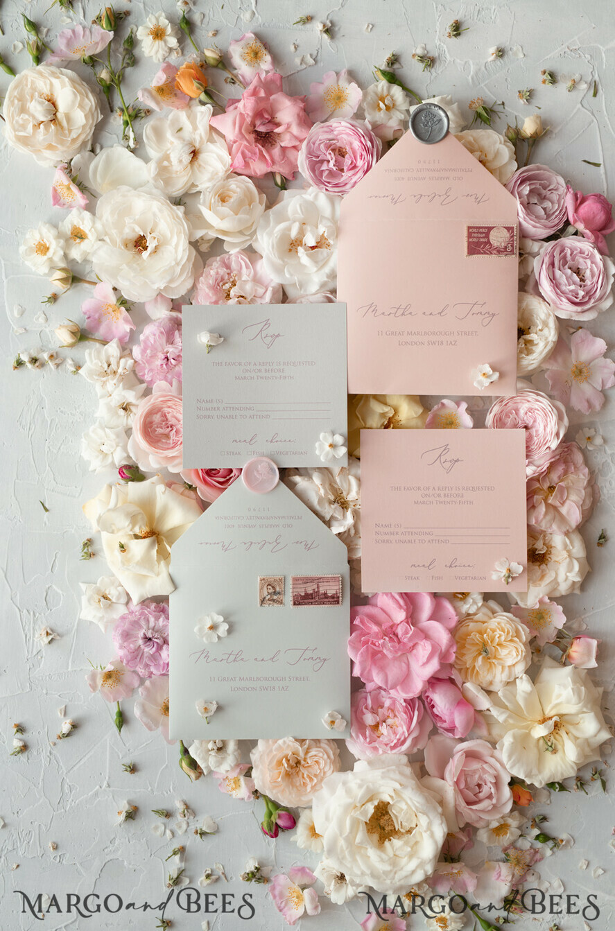 WEDDING INVITATIONS vintage lace/ rustic lace Romantic Wedding Stationery Vintage Lace Presonalized Invitation Light Grey and Blush Pink