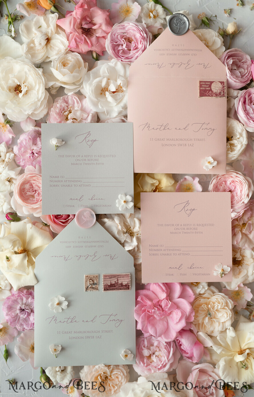 WEDDING INVITATIONS vintage lace/ rustic lace Romantic Wedding Stationery Vintage Lace Presonalized Invitation Light Grey and Blush Pink
