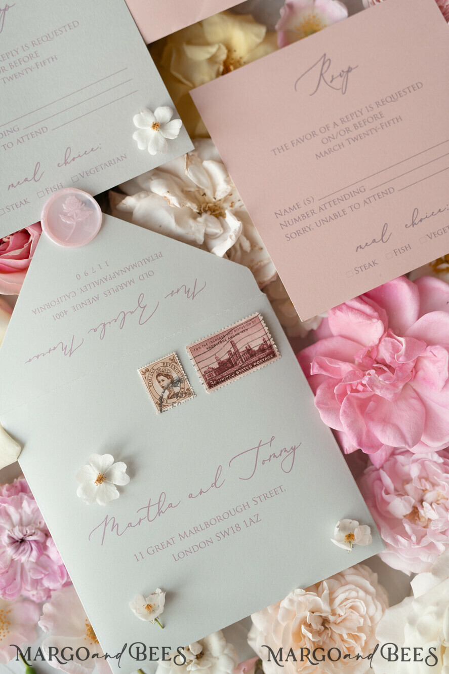 WEDDING INVITATIONS vintage lace/ rustic lace Romantic Wedding Stationery Vintage Lace Presonalized Invitation Light Grey and Blush Pink