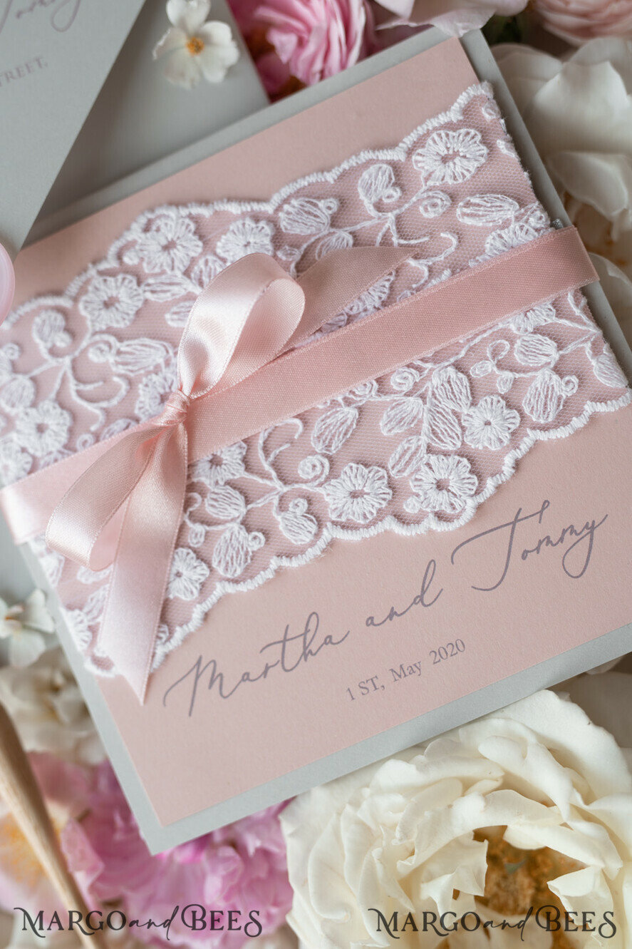 WEDDING INVITATIONS vintage lace/ rustic lace Romantic Wedding Stationery Vintage Lace Presonalized Invitation Light Grey and Blush Pink