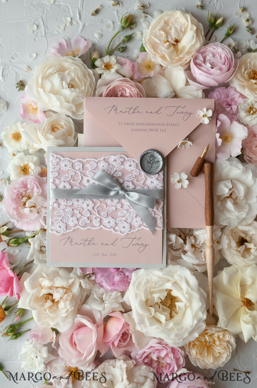 WEDDING INVITATIONS vintage lace/ rustic lace Romantic Wedding Stationery Vintage Lace Presonalized Invitation Light Grey and Blush Pink