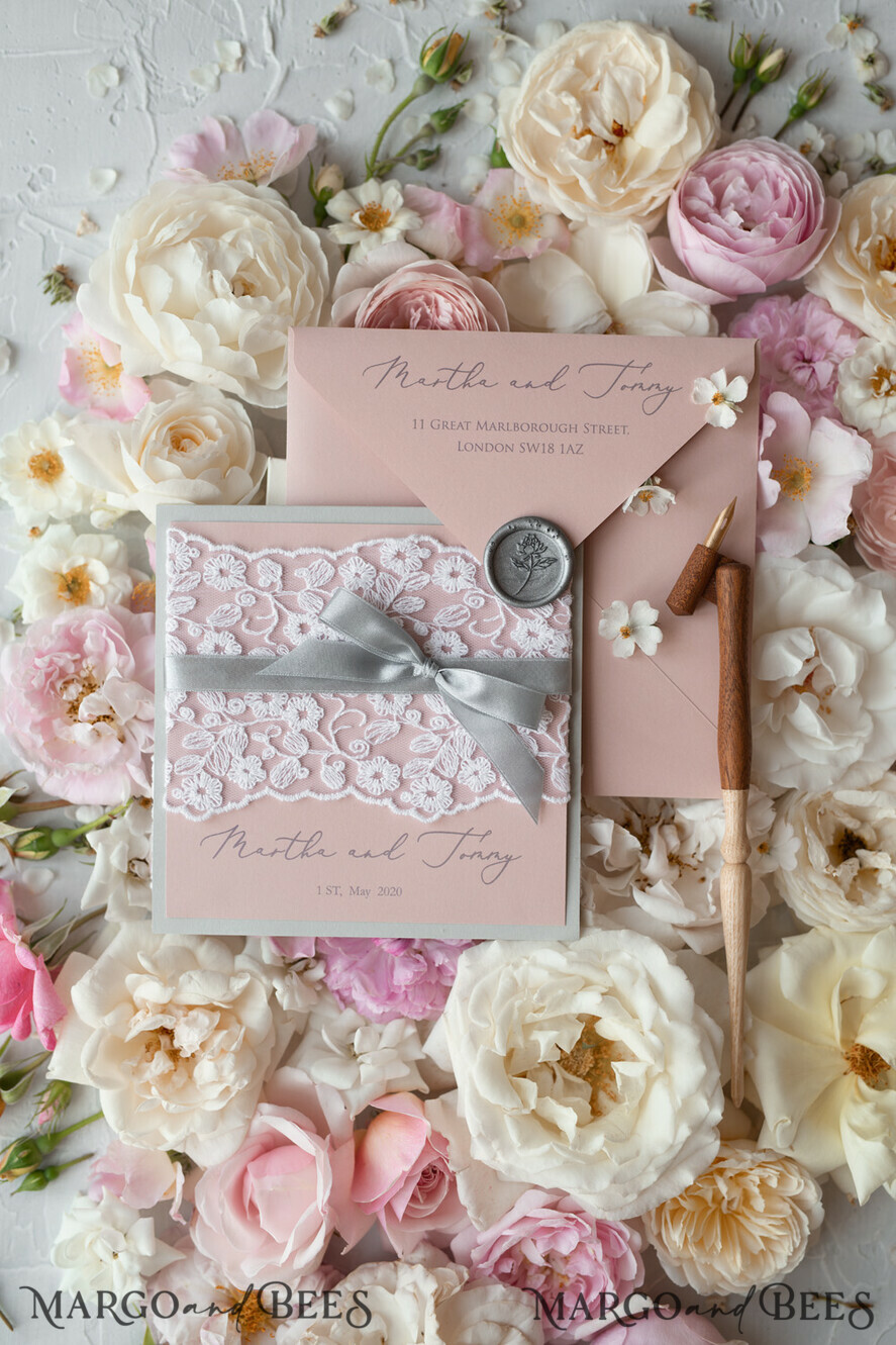 WEDDING INVITATIONS vintage lace/ rustic lace Romantic Wedding Stationery Vintage Lace Presonalized Invitation Light Grey and Blush Pink