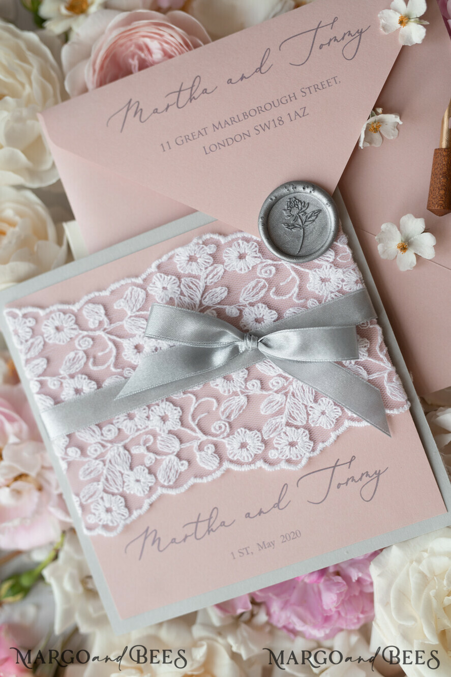 WEDDING INVITATIONS vintage lace/ rustic lace Romantic Wedding Stationery Vintage Lace Presonalized Invitation Light Grey and Blush Pink