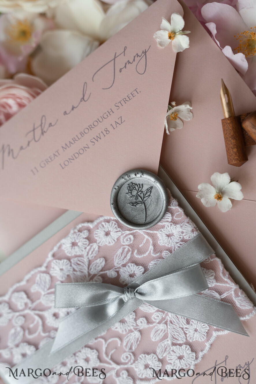 WEDDING INVITATIONS vintage lace/ rustic lace Romantic Wedding Stationery Vintage Lace Presonalized Invitation Light Grey and Blush Pink