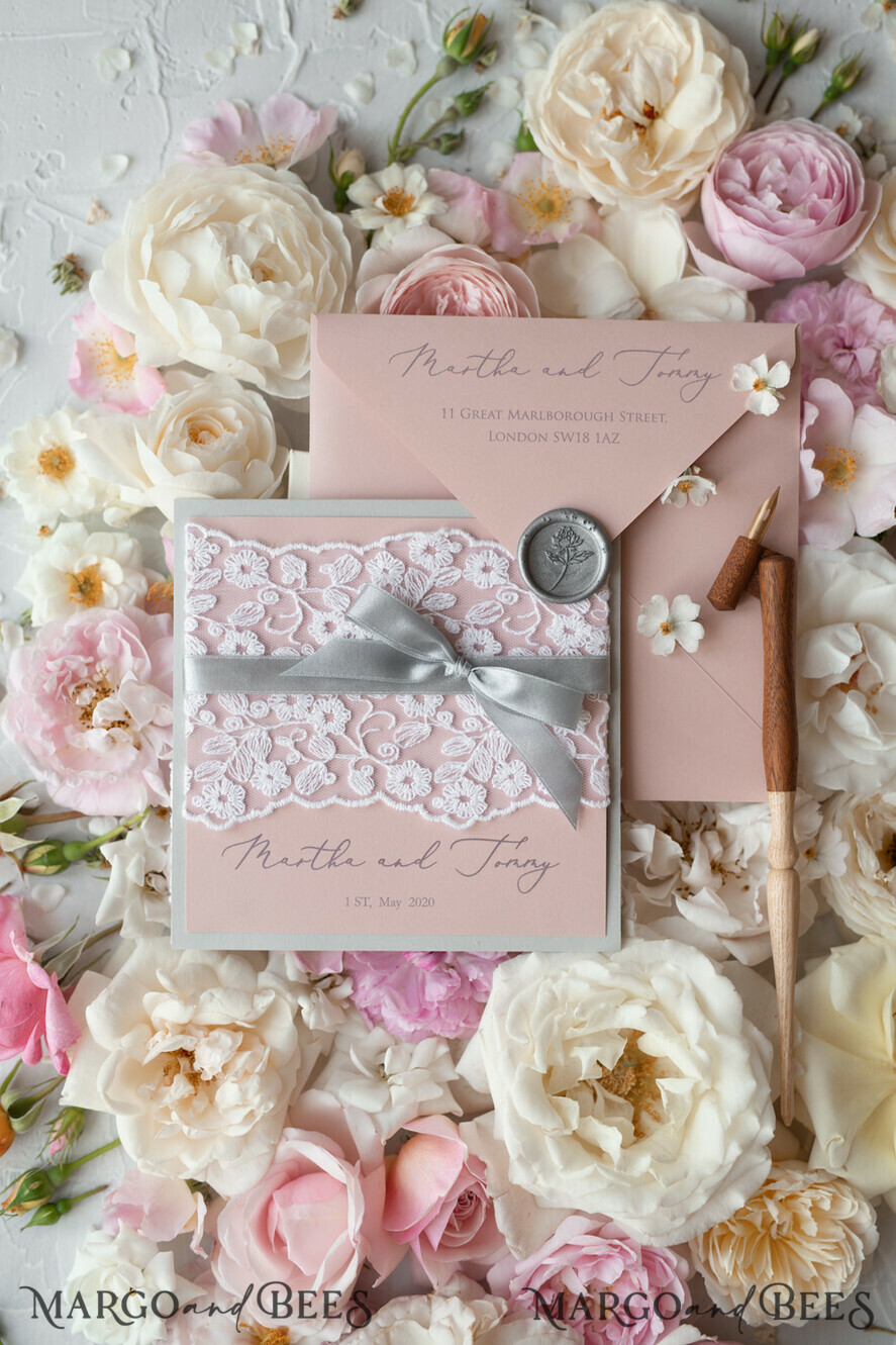 WEDDING INVITATIONS vintage lace/ rustic lace Romantic Wedding Stationery Vintage Lace Presonalized Invitation Light Grey and Blush Pink