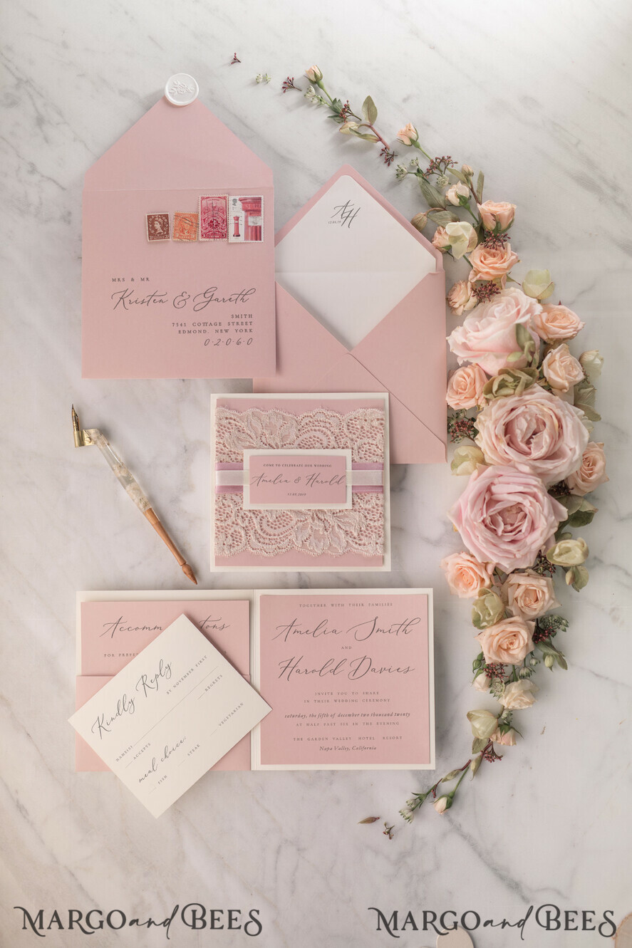 WEDDING INVITATIONS vintage lace/ rustic lace Modern Wedding invitations, elegant lace stationery