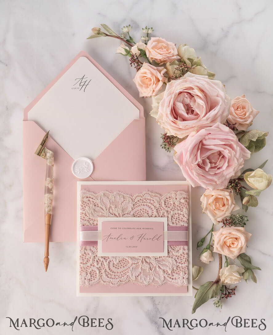 WEDDING INVITATIONS vintage lace/ rustic lace Modern Wedding invitations, elegant lace stationery