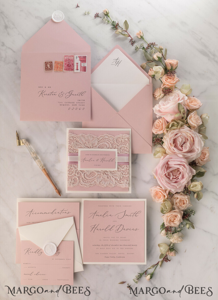 WEDDING INVITATIONS vintage lace/ rustic lace Modern Wedding invitations, elegant lace stationery