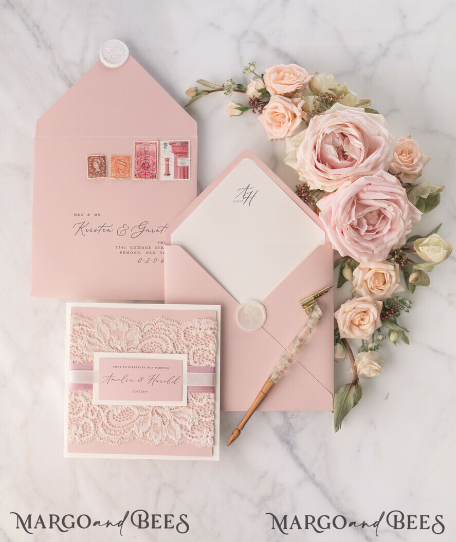 WEDDING INVITATIONS vintage lace/ rustic lace Modern Wedding invitations, elegant lace stationery