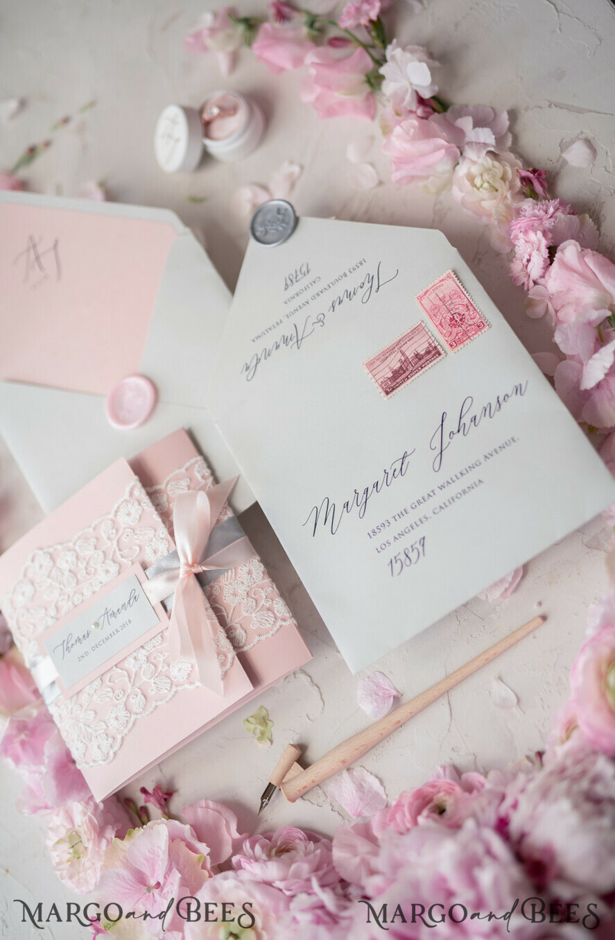 WEDDING INVITATIONS vintage lace/ rustic lace Vintage Lace Wedding Invitations Elegant Invites Grey and Blush Pink