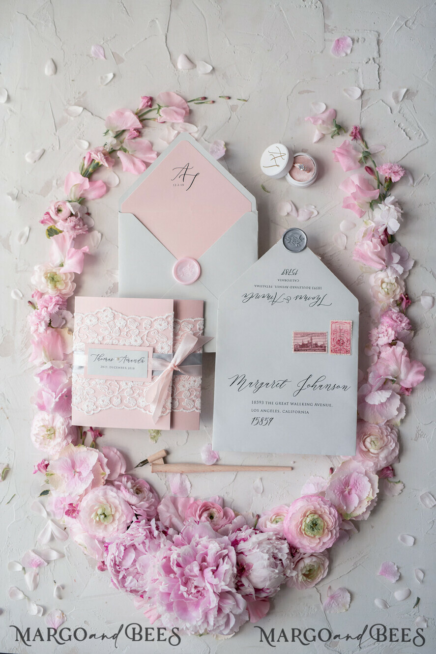 WEDDING INVITATIONS vintage lace/ rustic lace Vintage Lace Wedding Invitations Elegant Invites Grey and Blush Pink