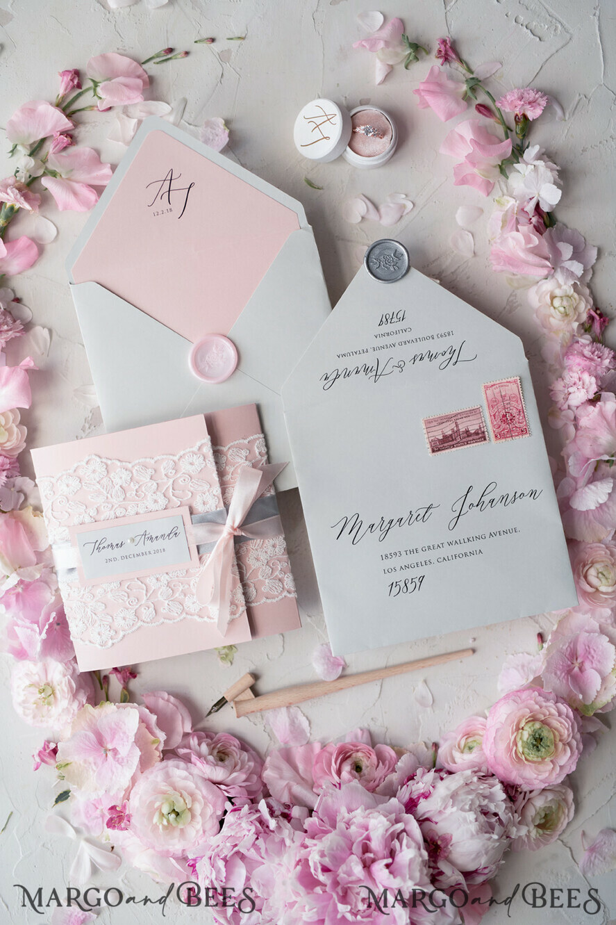 WEDDING INVITATIONS vintage lace/ rustic lace Vintage Lace Wedding Invitations Elegant Invites Grey and Blush Pink