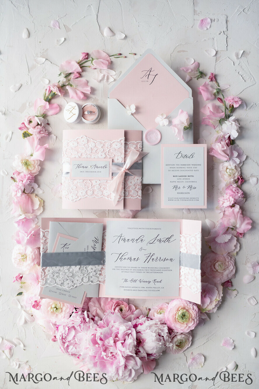 WEDDING INVITATIONS vintage lace/ rustic lace Vintage Lace Wedding Invitations Elegant Invites Grey and Blush Pink