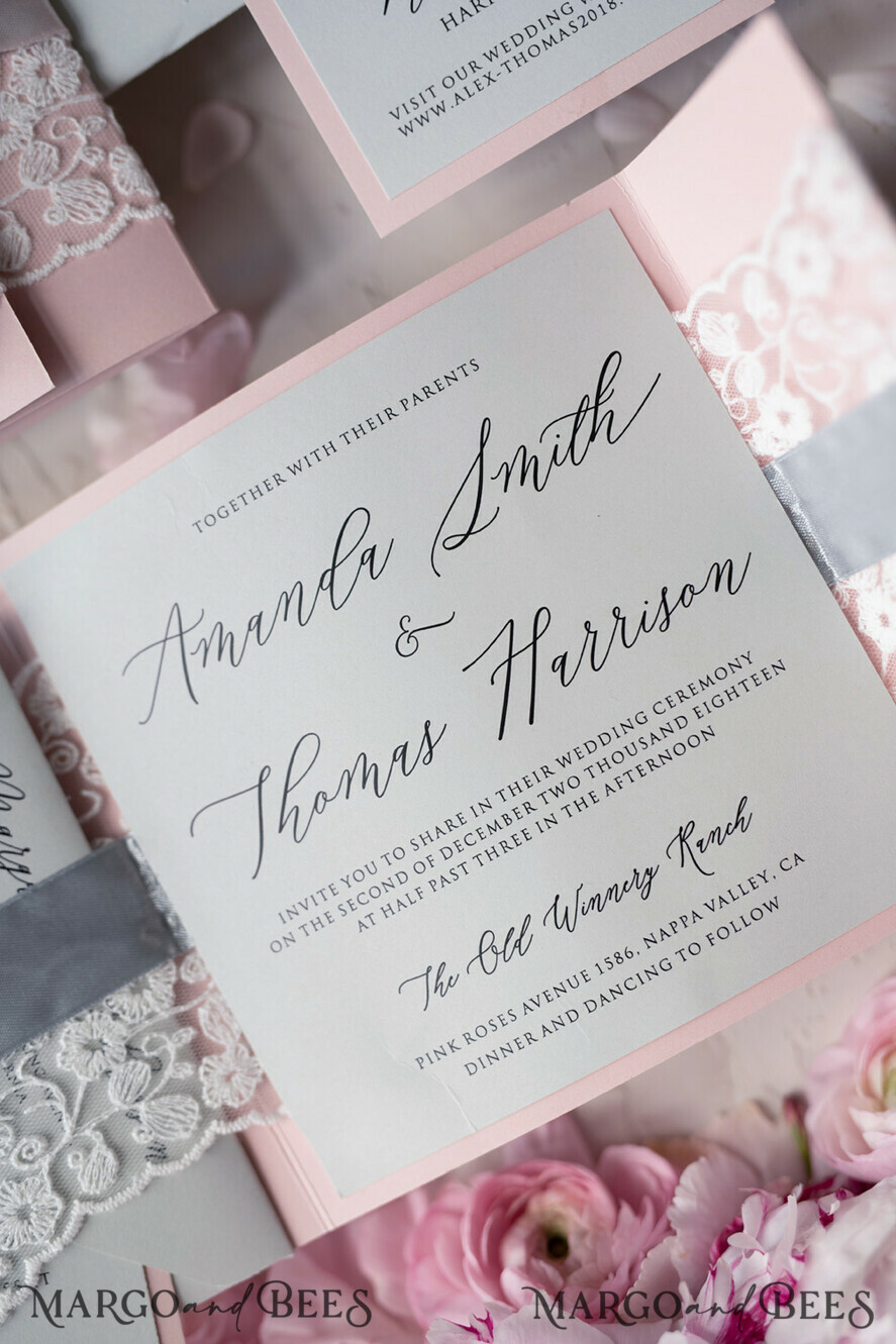 WEDDING INVITATIONS vintage lace/ rustic lace Vintage Lace Wedding Invitations Elegant Invites Grey and Blush Pink
