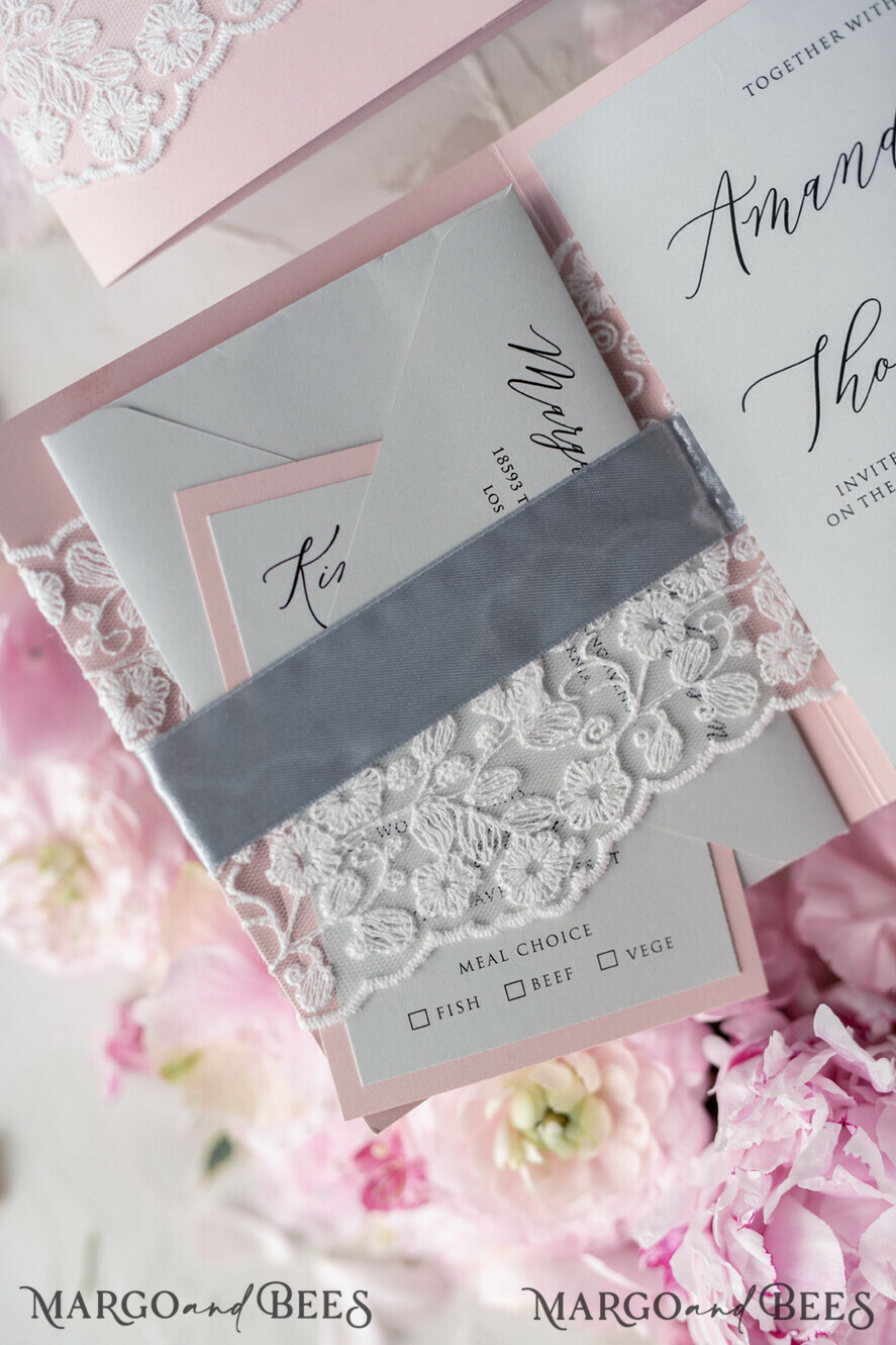 WEDDING INVITATIONS vintage lace/ rustic lace Vintage Lace Wedding Invitations Elegant Invites Grey and Blush Pink