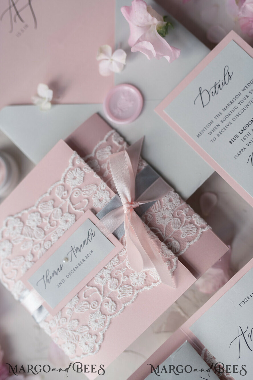 WEDDING INVITATIONS vintage lace/ rustic lace Vintage Lace Wedding Invitations Elegant Invites Grey and Blush Pink