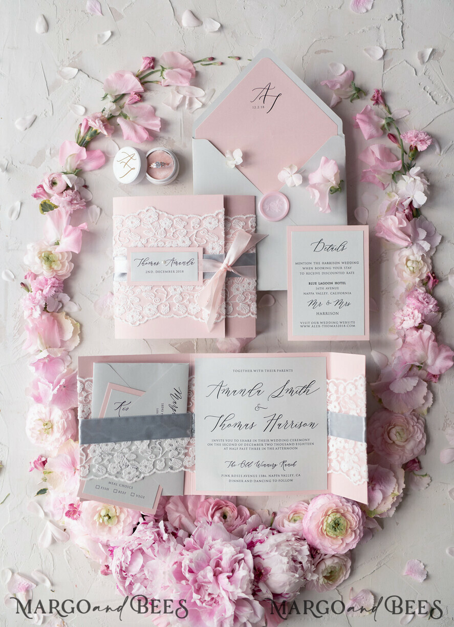 WEDDING INVITATIONS vintage lace/ rustic lace Vintage Lace Wedding Invitations Elegant Invites Grey and Blush Pink